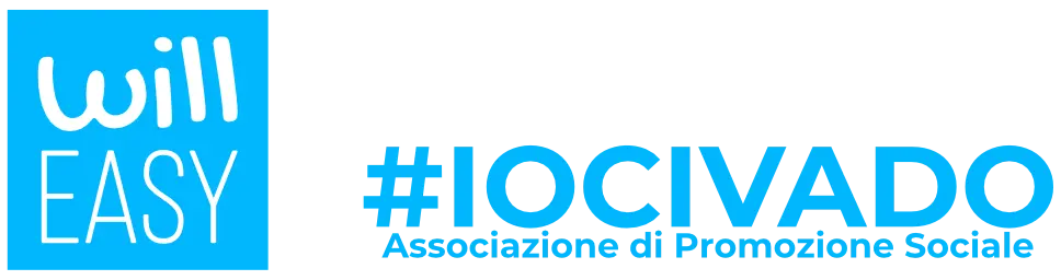 Logo Will Easy accanto alla scritta in blu #IOCIVADO Associazione di Promozione Sociale.