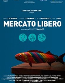 Locandina Mercato Libero Locandina del cortometraggio Mercato Libero. Mostra un pesce su una tavola di legno.
