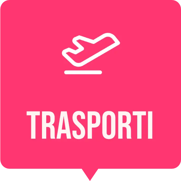 Icona bianca di un’ aereo in decollo su sfondo fuxia con la scritta Trasporti